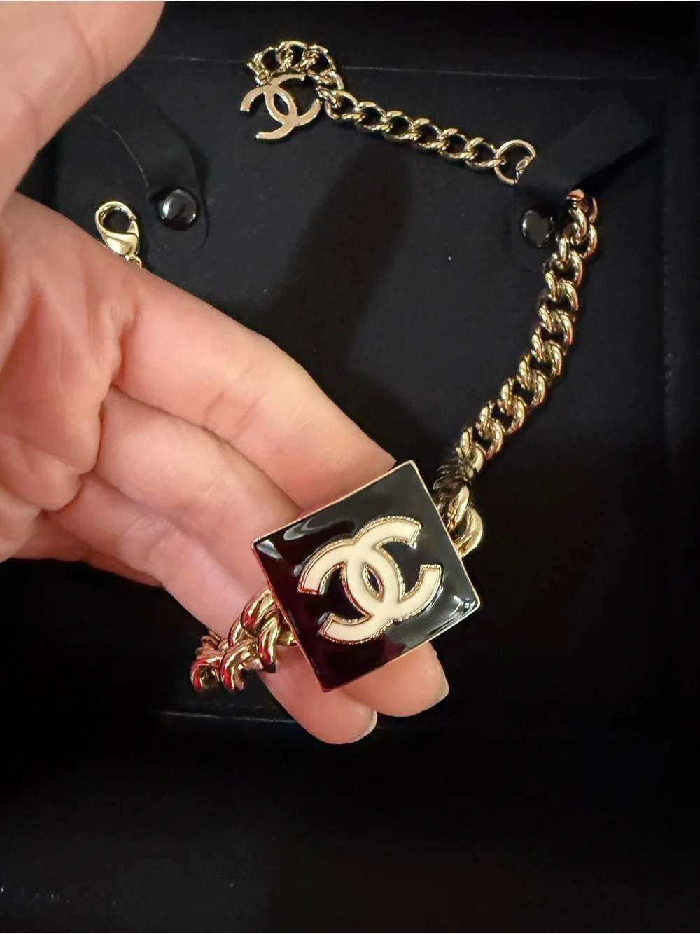 CHANEL Gold Chain Choker with Black Enamel CC Plaque